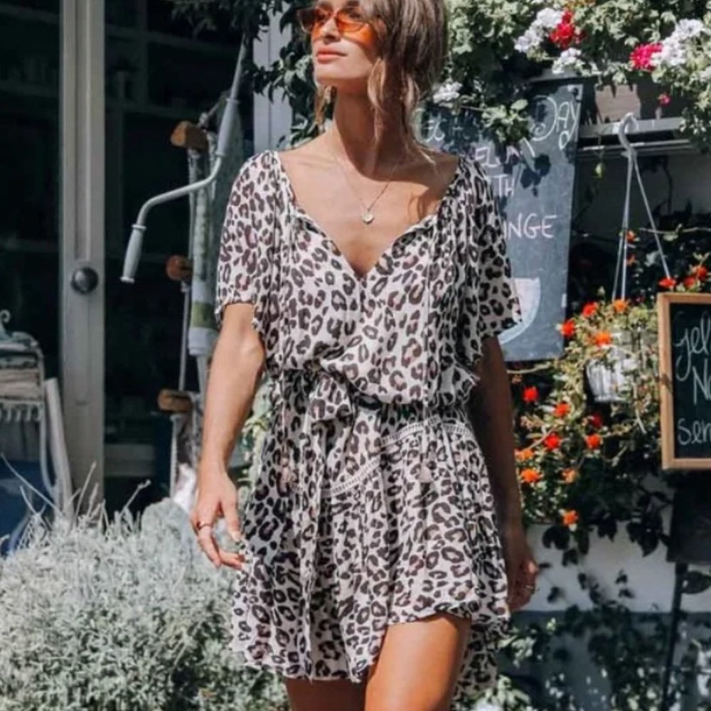 Spell Leopard Print Short Dress in Cream and Brown